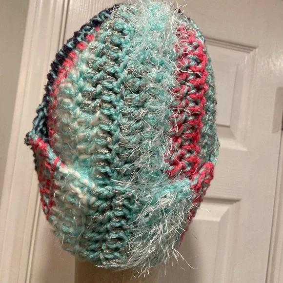 Handmade Crochet Chunky Ribbed Upcycled Multi Fiber Scrappy Yarn Beanie Hat - Picture 3 of 7